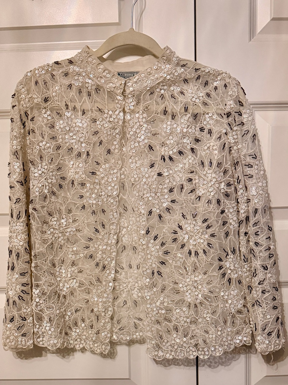 Vintage Ivory Women's Evening Jacket with Sequins, Beads - Size S/M